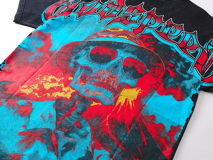 Vacation skull flame black vintage short-sleeved T-shirt 29046917