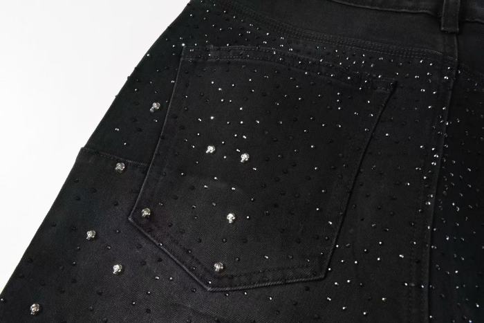 1:1 quality version Full Black Rhinestone Denim Shorts 28972582
