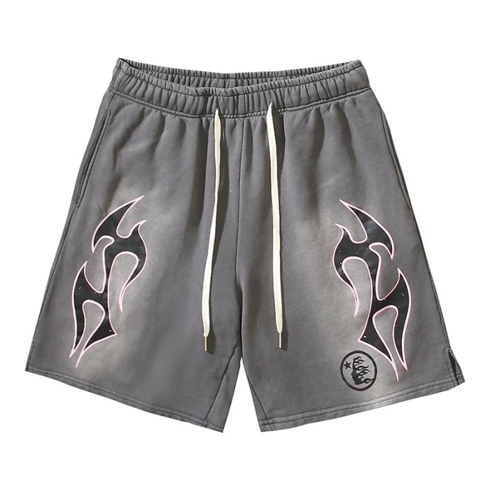 Pink Outline Flame Print Washed Shorts 29035474