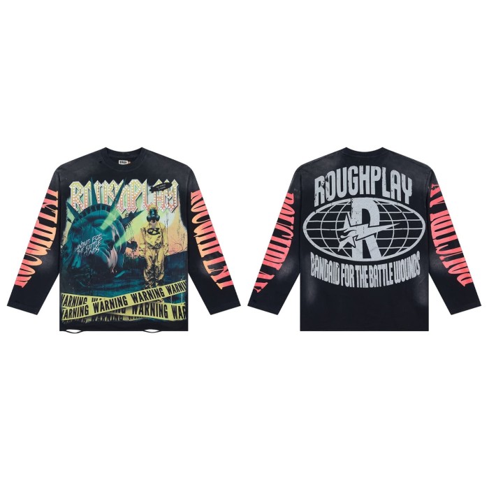 Washed Grunge Streetwear with Liberty Gas Mask & Warning Tape Print Long Sleeve T-Shirt 28758389