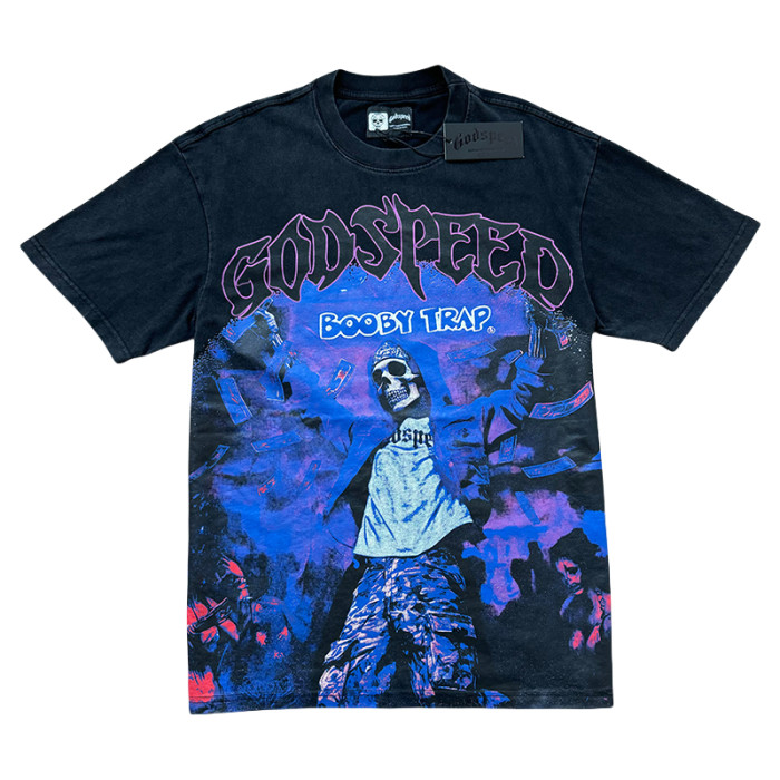 28168191 Skeleton Magic Show Trap Letter Print Washed Version Tee 2 colors