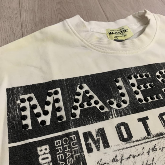 Motorcycle Club Newspaper Rhinestone Print Washed Tee 29064536