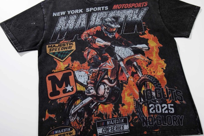 Flame Off-road Motorcycle Rhinestone Print Washed Tee 29065105