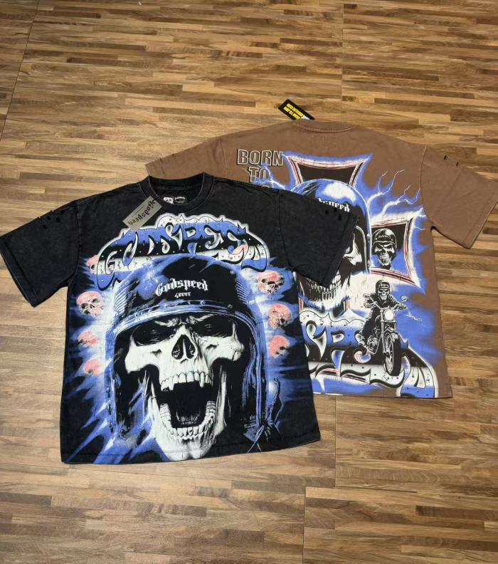 Helmet skull motorcycle cross black and brown dual-color vintage T-shirt 2 colors 29051376