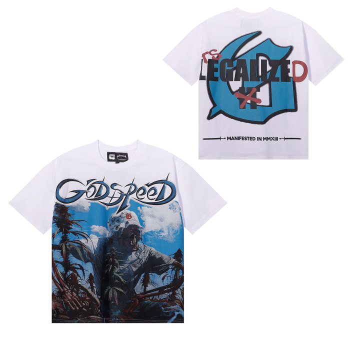 28201018 Blue Sky White Cloud Poppy Skull Planting Print Tee 3 colors