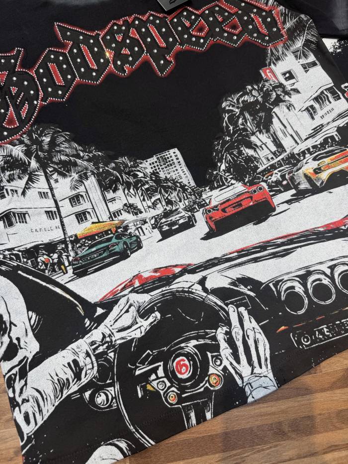 Miami sports car party rhinestone gradient distressed T-shirt 2 colors 29038229