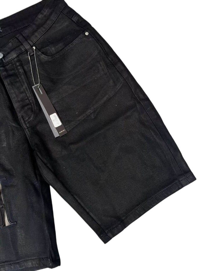 1:1 quality version Pure Black Shiny Faux Leather Pleated Denim Shorts 28920235