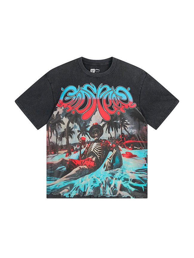 Skull Seaside Vacation Print Washed Version Tee 2 colors 28470961