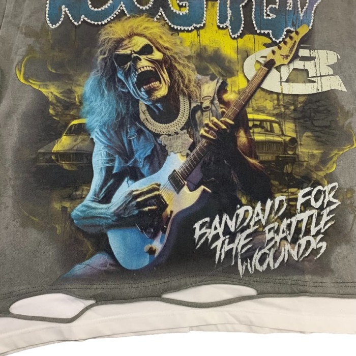 Guitar Skull Hotfix Rhinestone Print Washed Version Tee 28572225