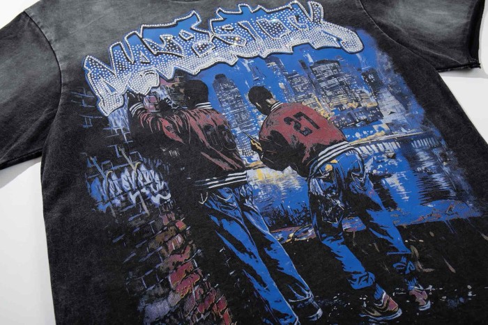 City Night View Graffiti Art Rhinestone Print Washed Tee 29060728