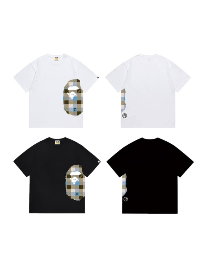 Side minimalist plaid monkey head short sleeved print T-shirt 2 colors 29053569