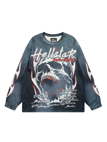 Menacing Skeleton Print Washed Version Long-Sleeve T-Shirt 28471086