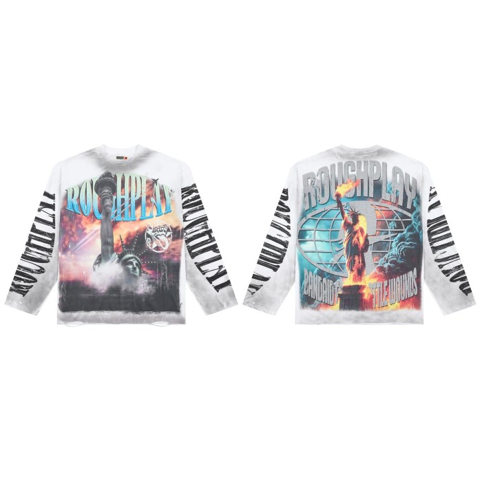 Oversized Washed White Streetwear with Liberty Fire & Roughplay Print Long Sleeve T-Shirt 29069053