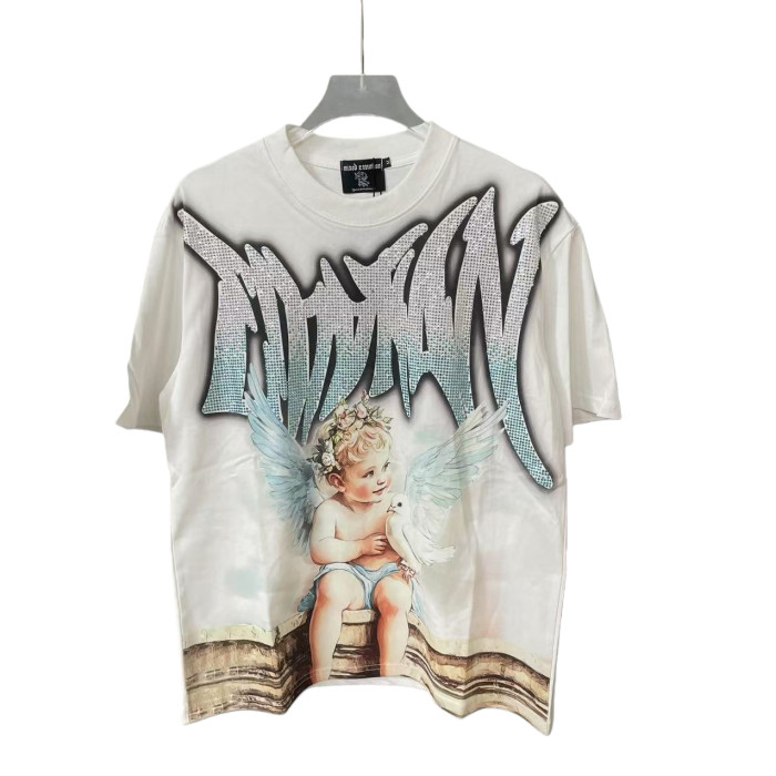 Blue and White Rhinestone Angel and Peace Dove Print Tee 28592925