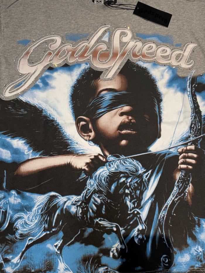 Blindfolded Cupid Angel Rhinestone-decorated Distressed T-shirt 2 colors 29051377