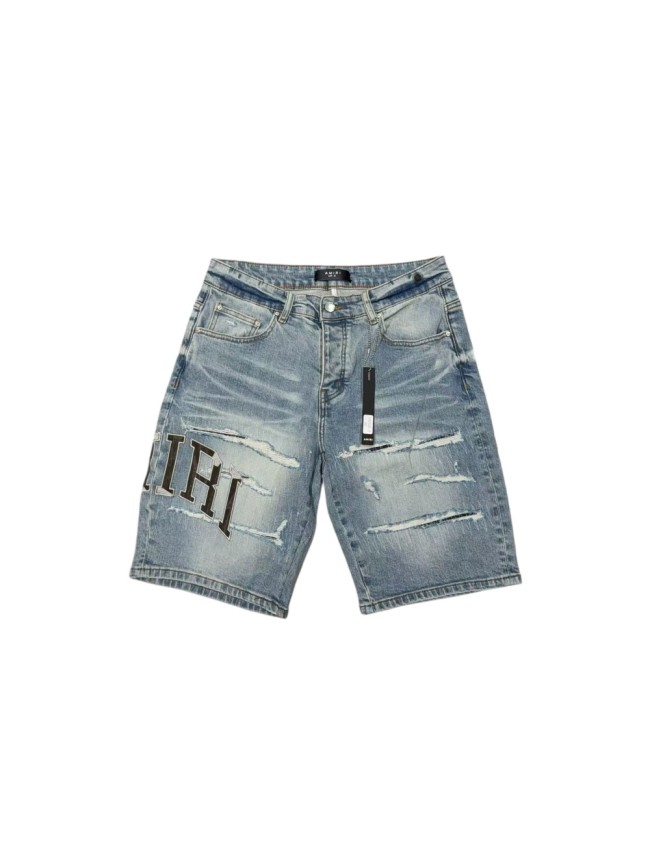1:1 quality version Black Gray Logo Embroidered Ripped Denim Shorts 28972418