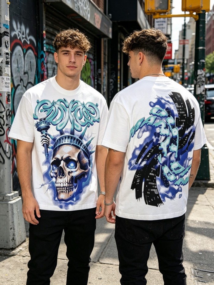 American-style white and blue contrast lightning bolt skeleton print short-sleeved shirt 29035015