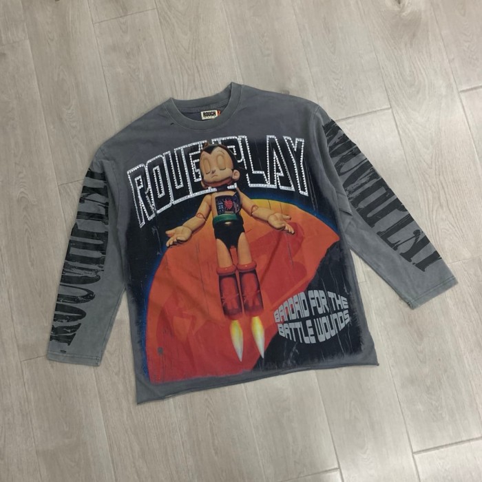 Baggy Distressed Retro Grunge with Bold Sleeve Text & Astro Boy Graphic Long Sleeve T-Shirt 29069104