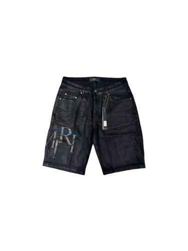 1:1 quality version Pure Black Shiny Faux Leather Pleated Denim Shorts 28920235