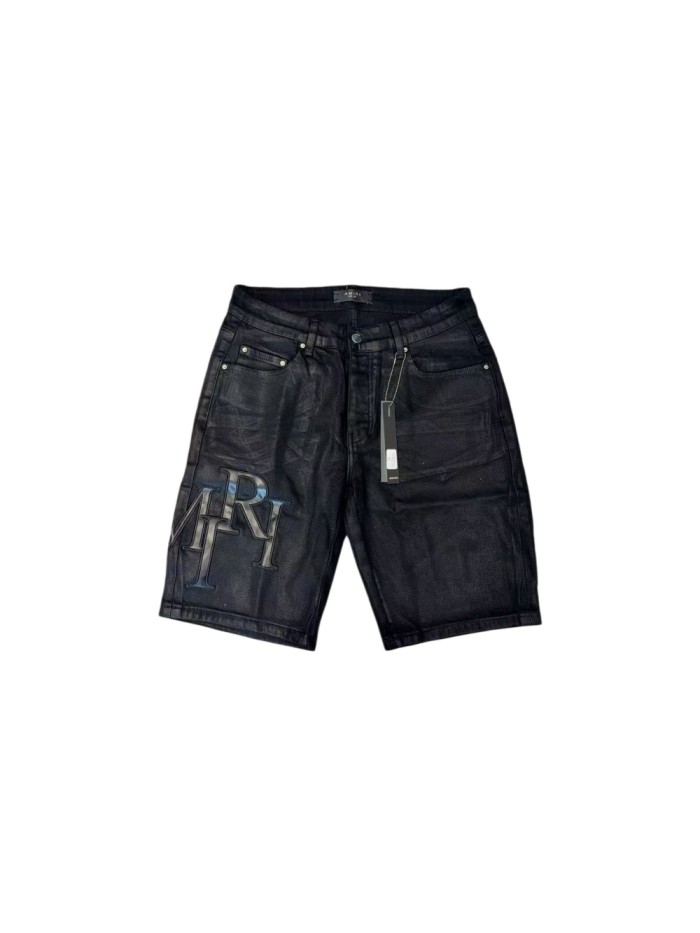 1:1 quality version Pure Black Shiny Faux Leather Pleated Denim Shorts 28920235