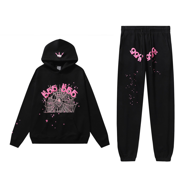 555 pink Spider Web Hoodie & Pants Set