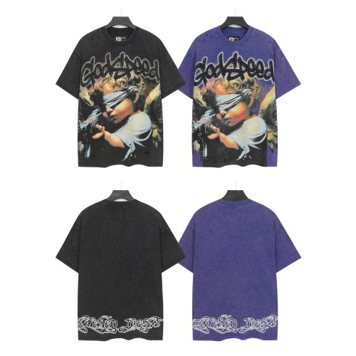 Masked Angel Shot-Effect Rhinestone-Embellished Distressed Print Washed Version Tee 2 colors 28759330