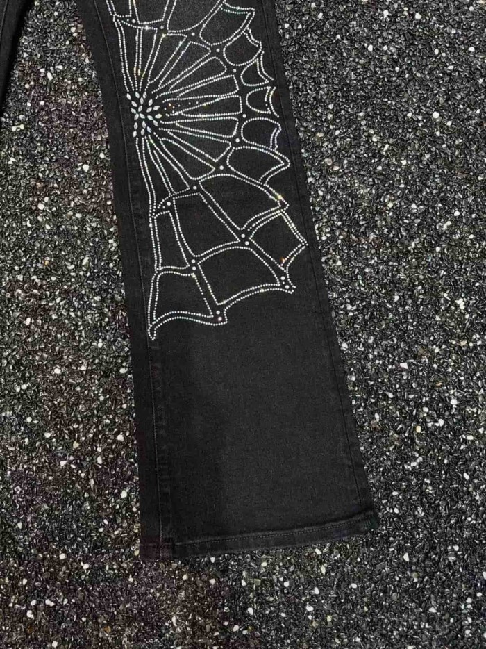 1:1 quality version Ebony Spider Web Diamond Decor Flared Jeans 29080659