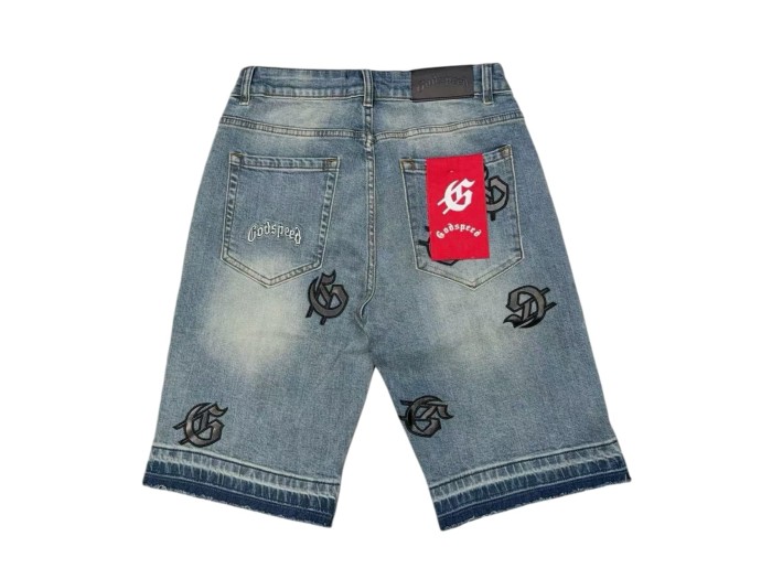 1:1 quality version Leather G Logo Embroidered Frayed Edge Washed Denim Shorts 3 colors 28972576