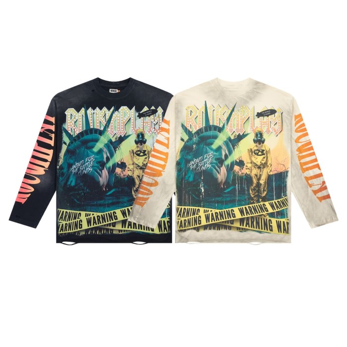 Washed Grunge Streetwear with Liberty Gas Mask & Warning Tape Print Long Sleeve T-Shirt 28758389