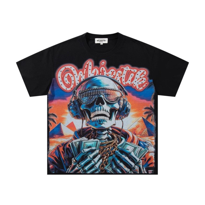 Hip Hop Skull DJ Rhinestone Print Washed Tee 29060783