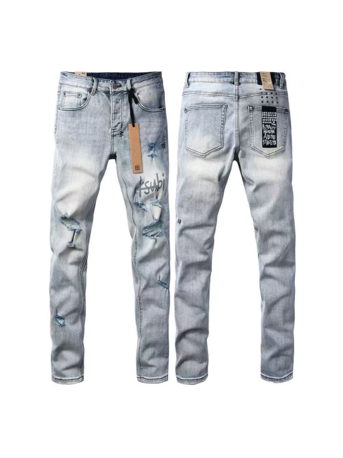 1:1 quality version Grey Logo Print Torn Ripped Jeans 29080459