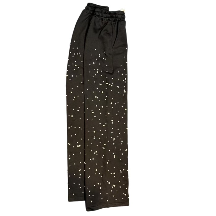 Rhinestone Gothic Letter Print Sweatpants Black Drawstring Streetwear Pants 28978896