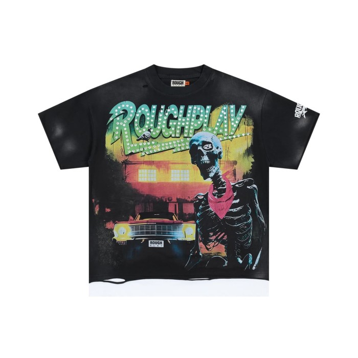 Oversized Washed Black Streetwear with Roughplay Skull & Car Graphic Print T-Shirt 29069051