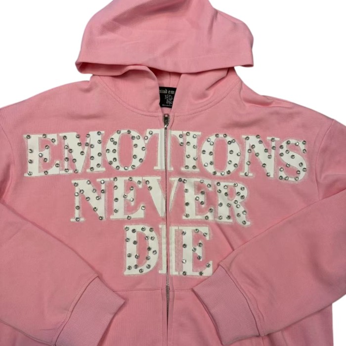 Unisex Pink Rhinestone Letter Print Zip-Up Hoodie 28978894