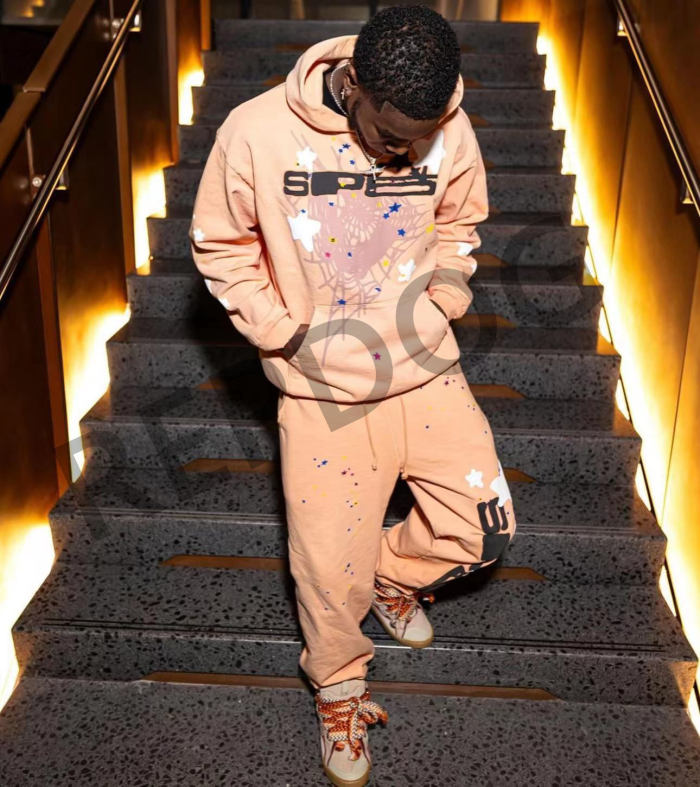 1:1 quality version Orange pink spider web star letters printed Hoodie & Pants Set
