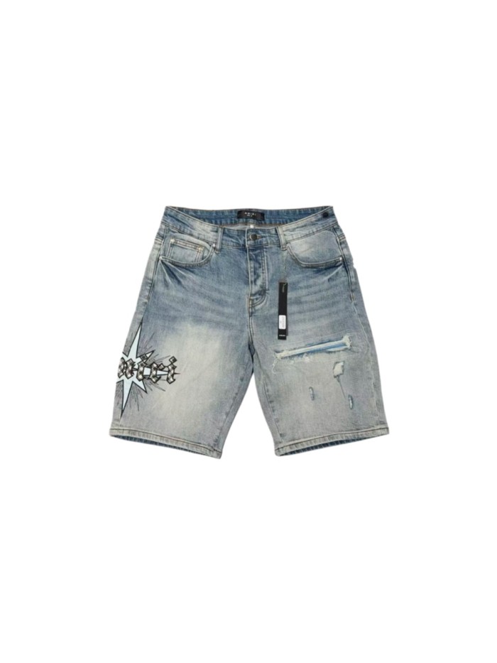1:1 quality version Star Plaid Letter Ripped Embroidered Denim Shorts 29045800