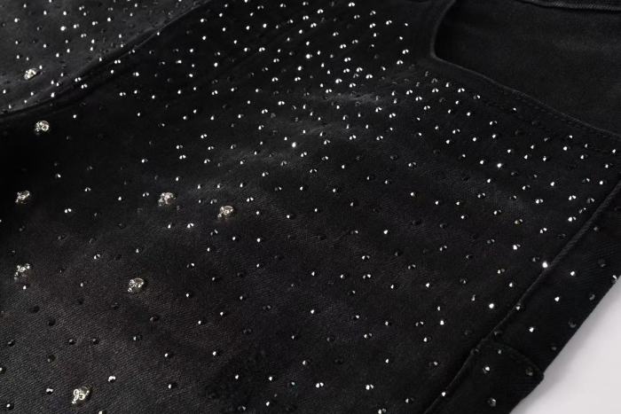 1:1 quality version Full Black Rhinestone Denim Shorts 28972582