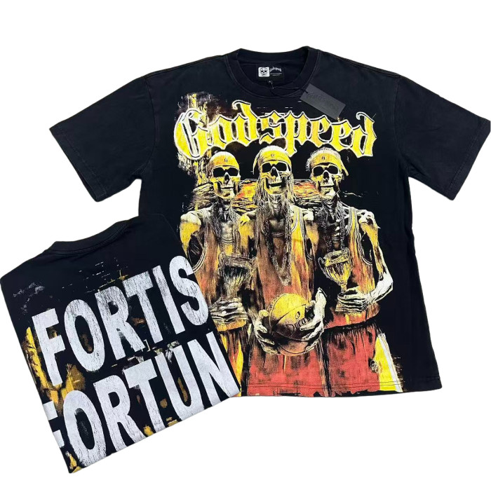 Golden Flame Basketball Team Skull Print Washed Version Tee 2 colors 28474612