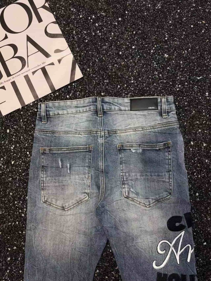 1:1 quality version Hollywood Black White Logo Embroidery Ripped Jeans 29080642