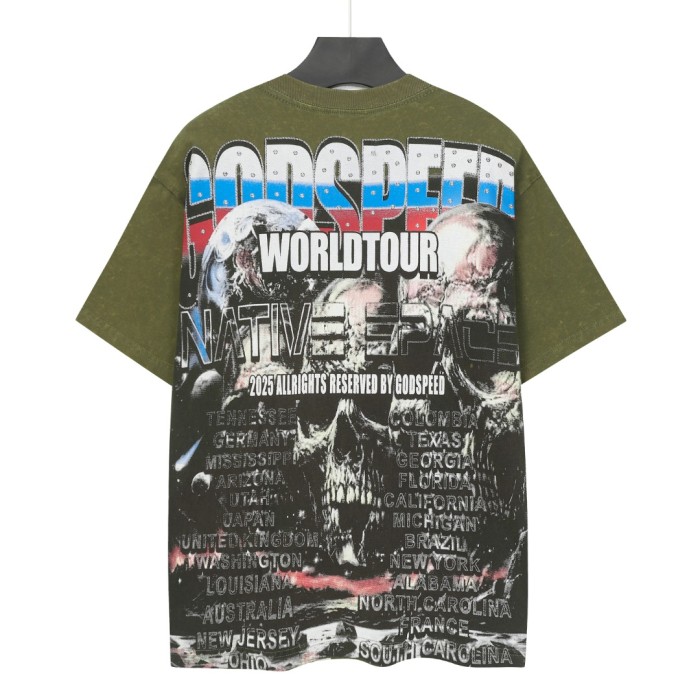 World Tour Three Skulls Black and Army Green Dual-Color Distressed T-Shirt 2 colors 29053372