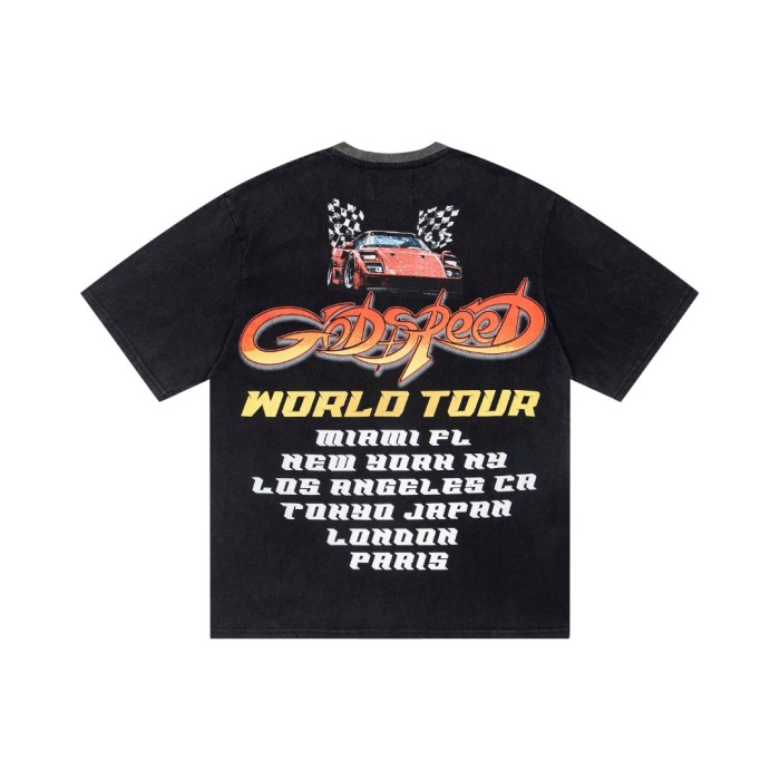 Miami sports car double-sided printed black distressed short-sleeved T-shirt 29051271