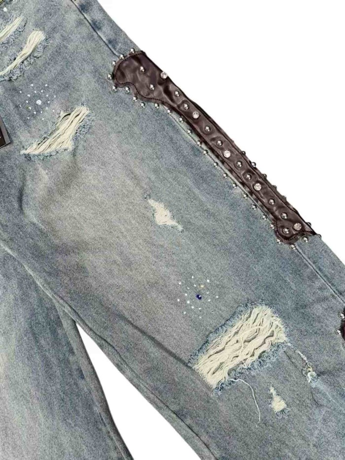 1:1 quality version Side Leather Bone Rivet Color Diamond Wide Leg Jeans 3 colors 29080658