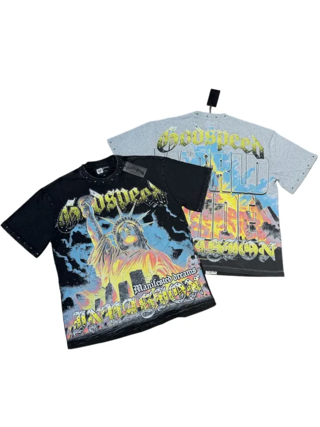 Statue of Liberty hot-fix rhinestone rivet black and gray dual-color vintage T-shirt 2 colors 29053374