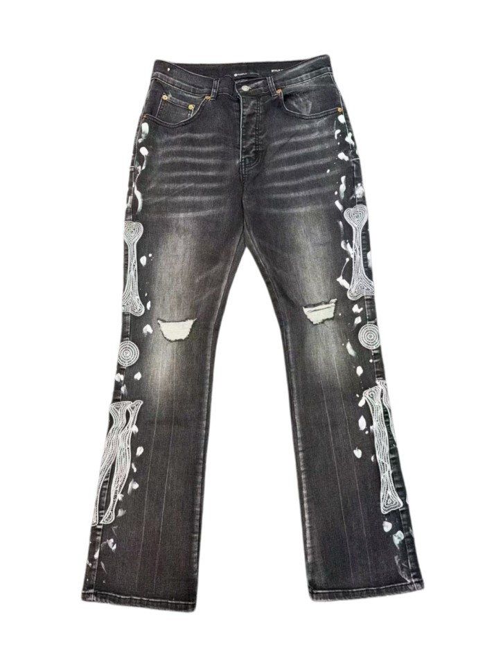 1:1 quality version Side Bone Fishnet Embroidery Ripped Flared Jeans 29080663