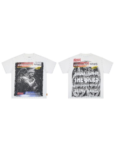 News Style Angel Rhinestone Print Washed Tee 29054086