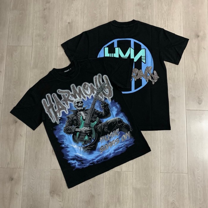 Blue Flame Skull Electric Guitar Rhinestone Print Tee 29077651