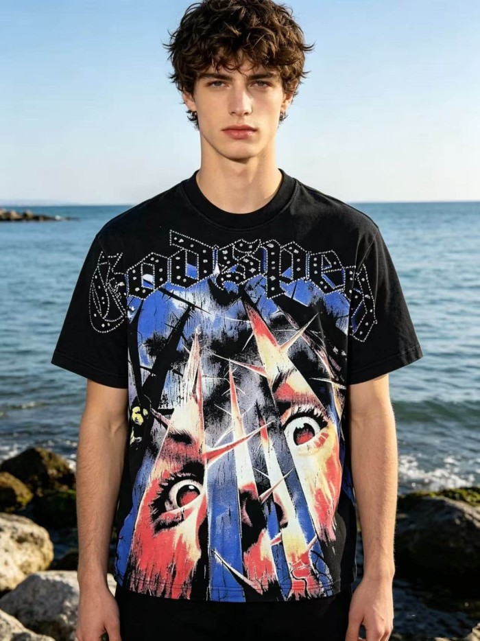 Broken Thorn Caged Eye Rhinestone Print Washed Tee 2 colors 29106668