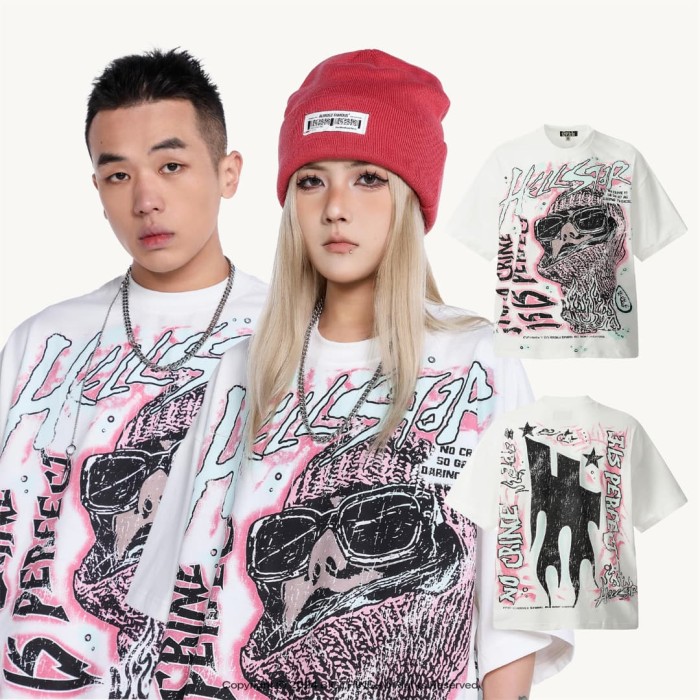 Pink & Green Graffiti Masked Figure Print Washed Tee 2 colors 29090174
