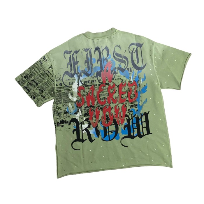 Blue Flame Heart Print Rhinestone Washed Version Tee 28748433