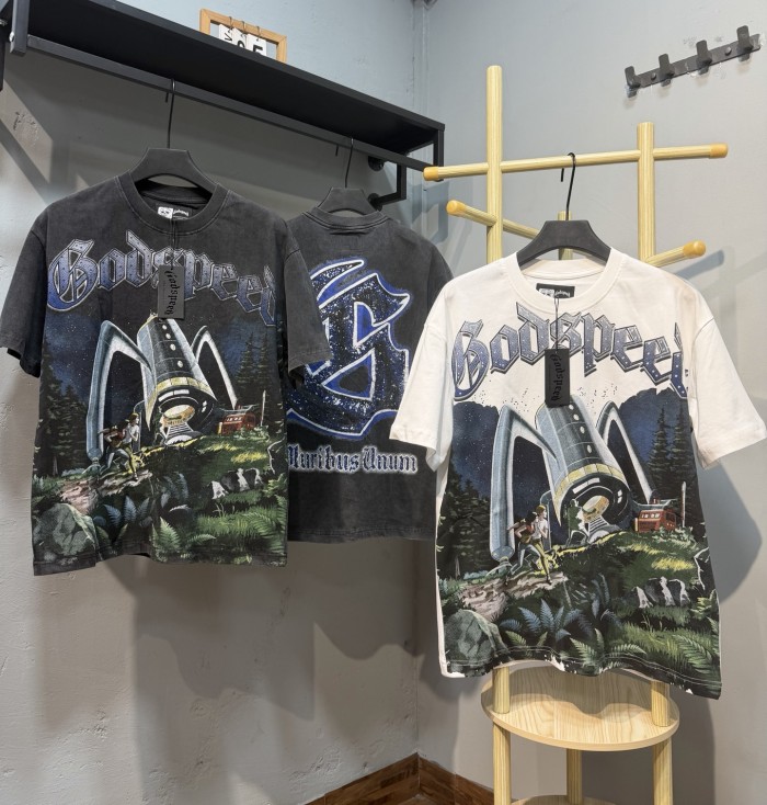 Loose short-sleeved T-shirt with white alien spaceship print 29033464